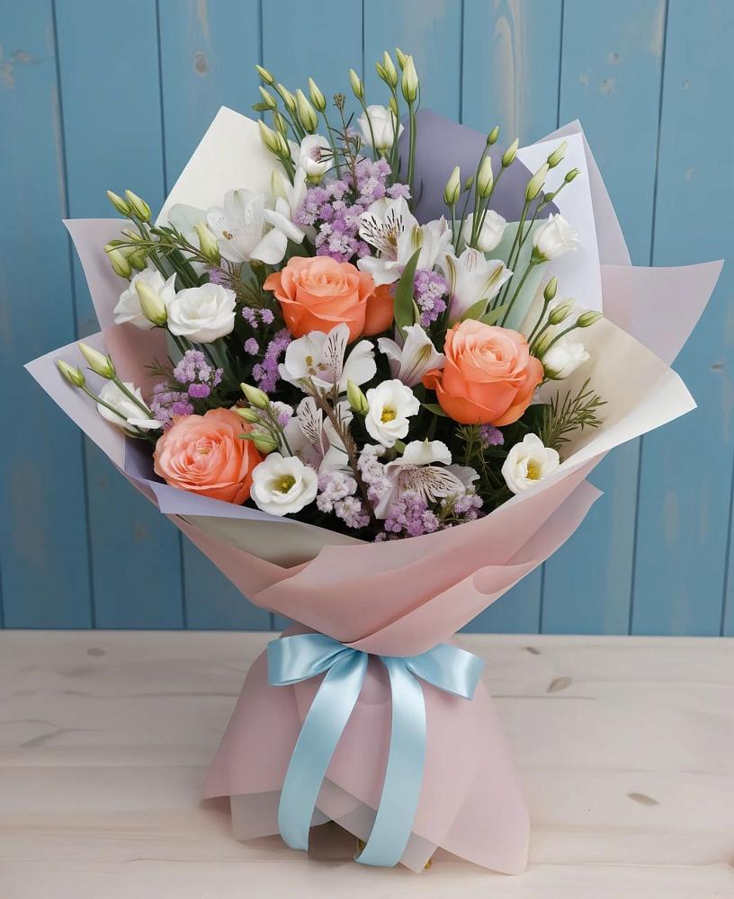 Букет цветов из: Лизиантусы, Розы, Альстромерии и Гипсофила в Зайцево