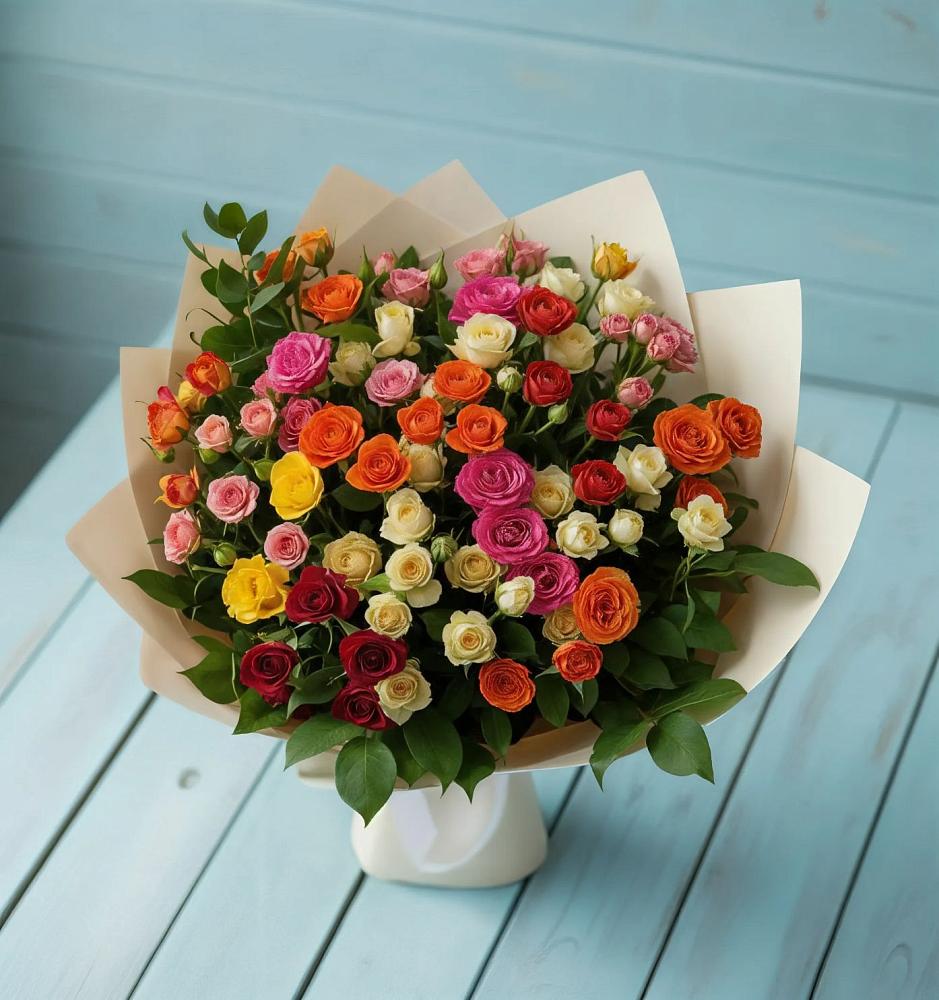 Букет Микс из разноцветных кустовых роз в Зайцево
