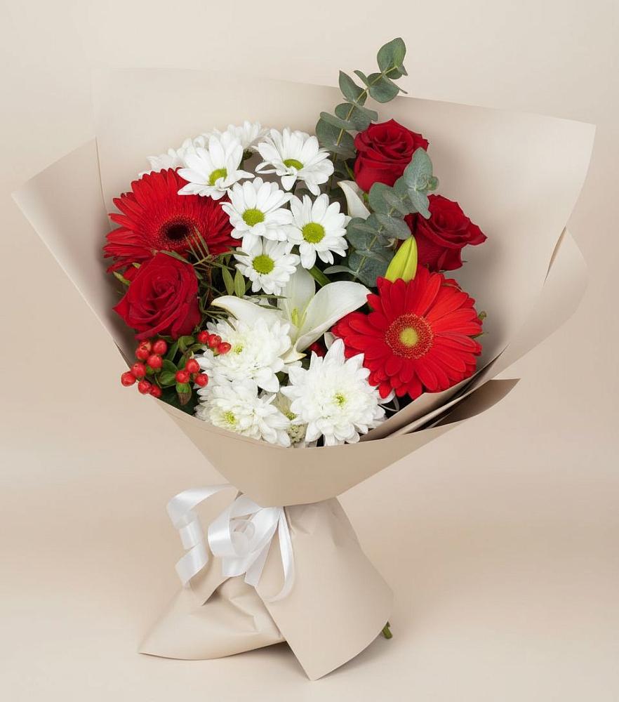 Букет цветов из: Розы, Хризантемы, Герберы и Лилии в Зайцево