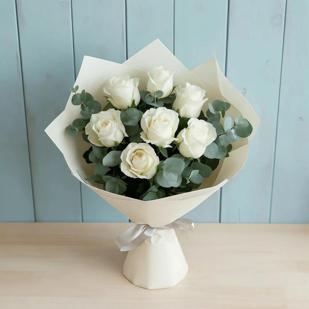 Букет Белые розы в Эвкалипте в Зайцево