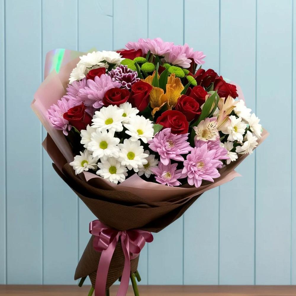Букет цветов из: Розы, Хризантемы и Альстромерии в Зайцево