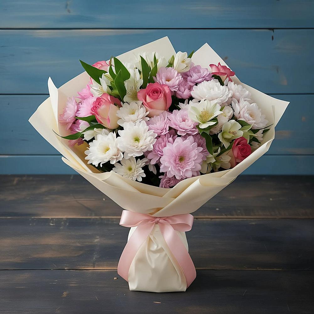 Букет цветов из: Хризантемы, Альстромерии и Розы в Зайцево